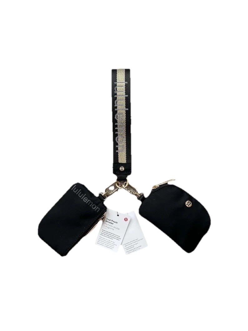 Lululemon Dual Pouch Wristlet Black Gold Keychain Wallet NWT Athletica