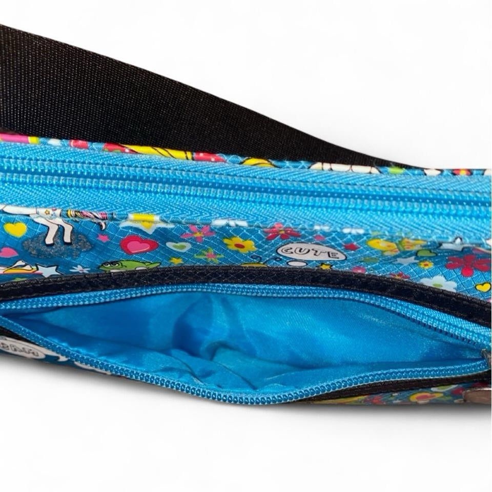 Blue handbag with cartoon characters and speech bubbles