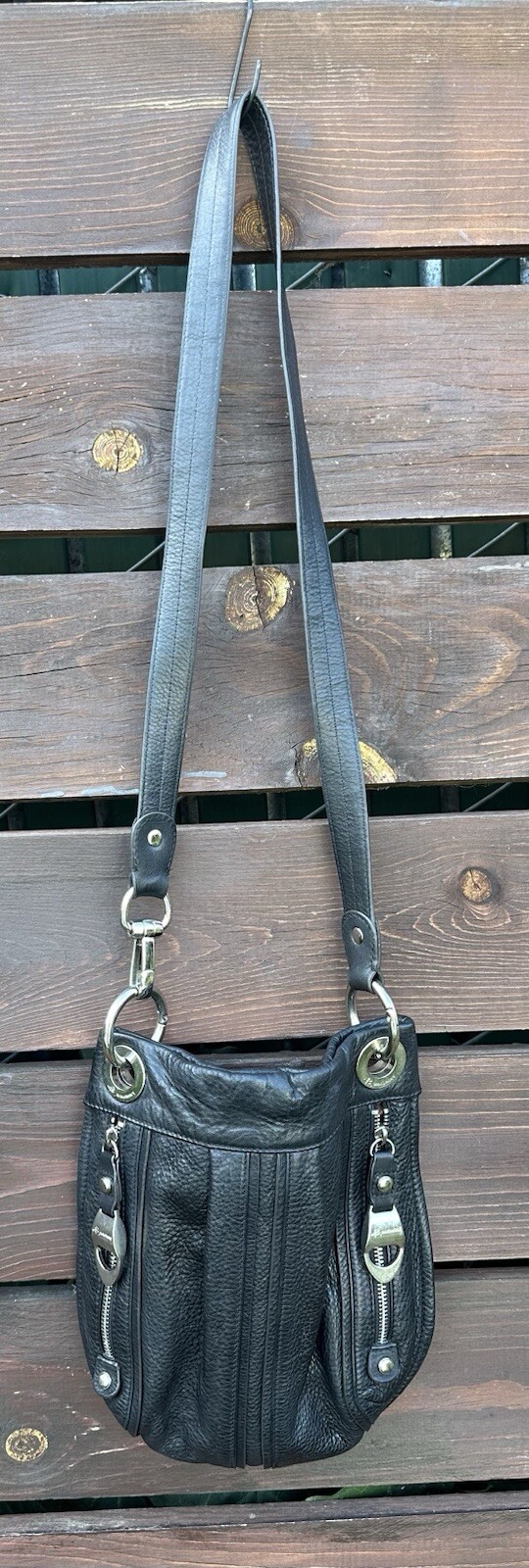 B.Makowsky Black Metallic Pebble *Soft Leather Crossbody Chunky Silver Hardware