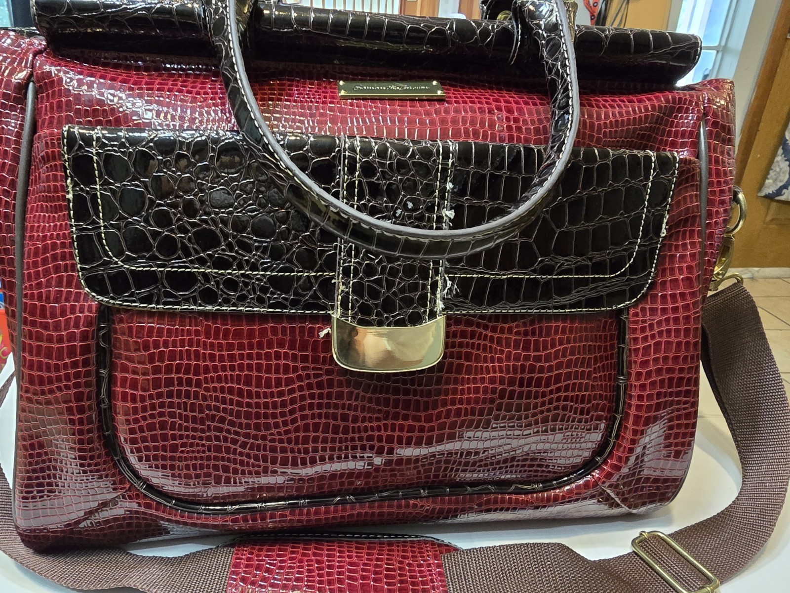 Red/Black Croc Embossed Satchel Top Handle Bag Zip, Detachable Strap Pockets