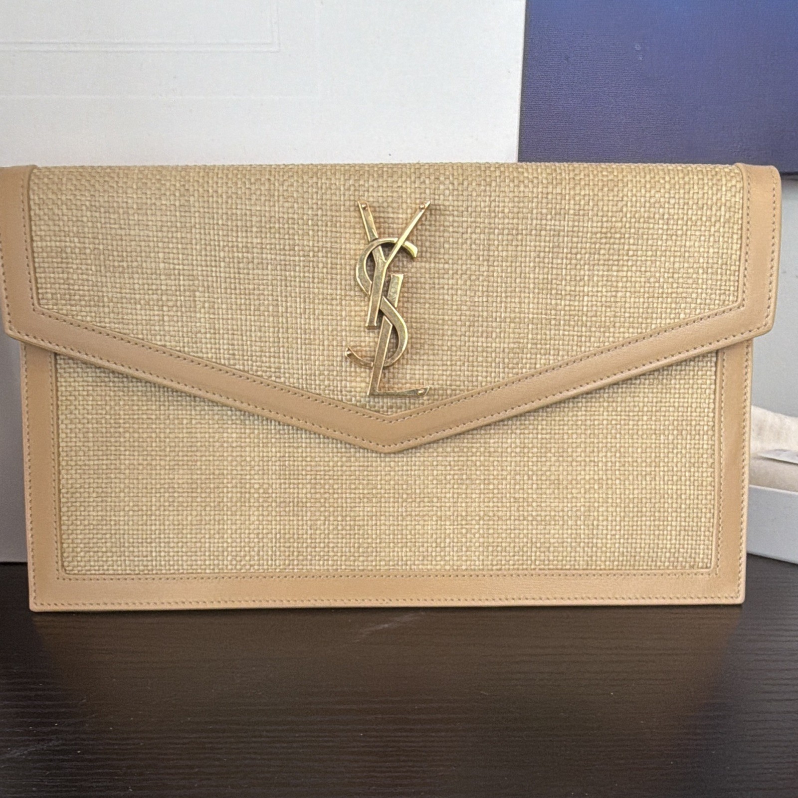 Saint Laurent YSL Medium Beige Clutch Gold Logo Magnetic Close Dust Bag Card