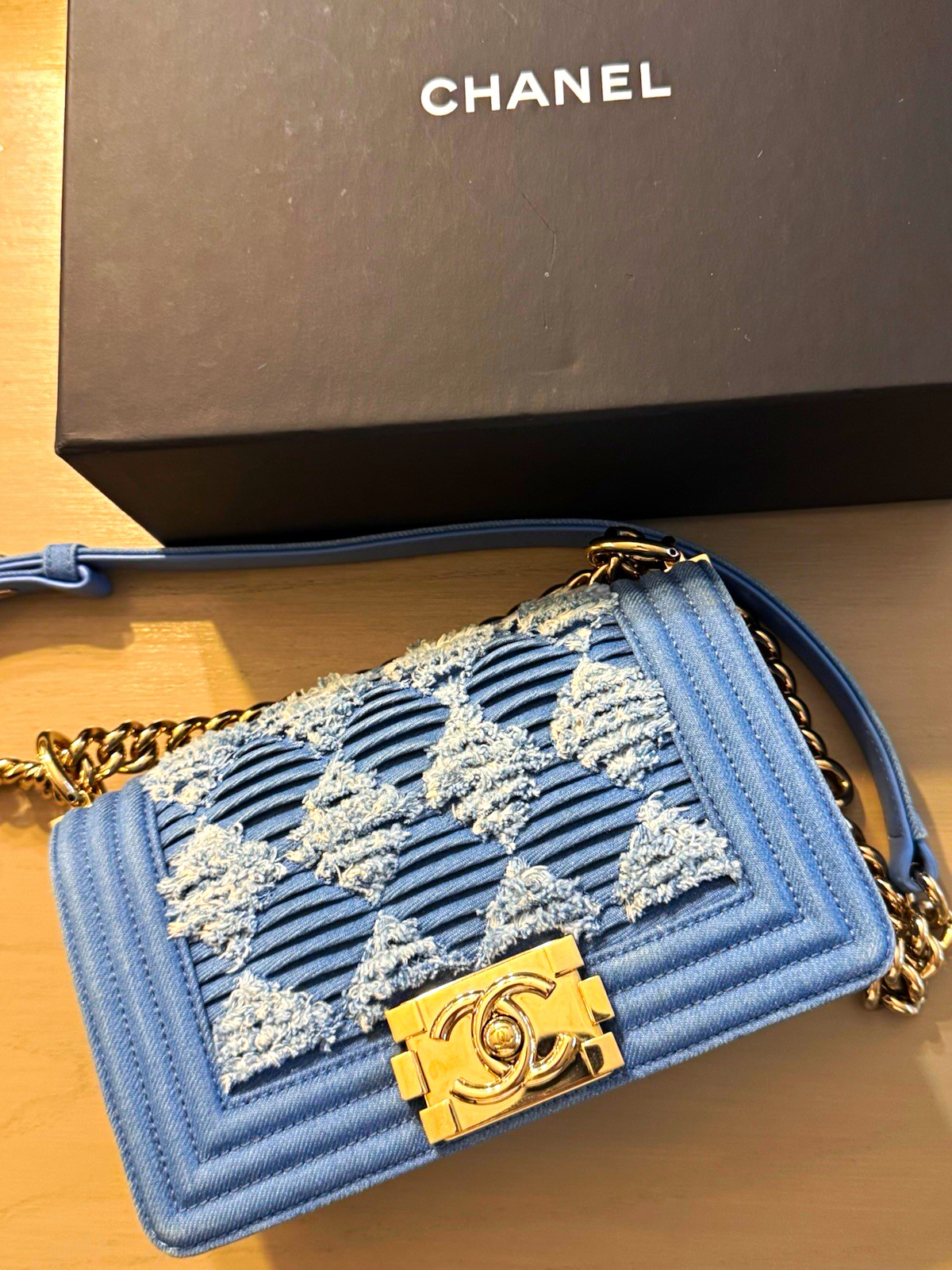 CHANEL Small Boy Denim pleated Crossbody Bag CC Push Lock GHW