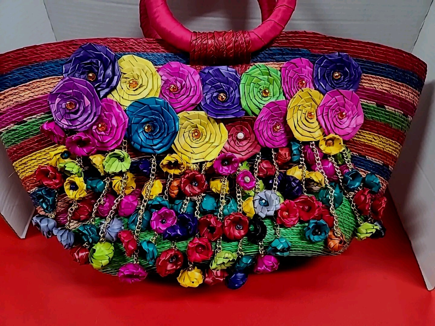 Vintage Tote Bag Straw Flowers Bolsa De Palma Hand Made Big Colorful 20×10×6″