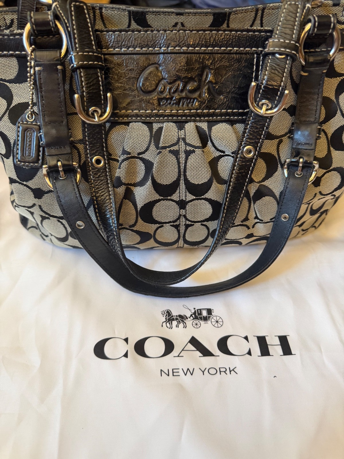 Coach F14281 Signature Pleated Gallery Tote Shoulder Bag Black Khaki Jacquard