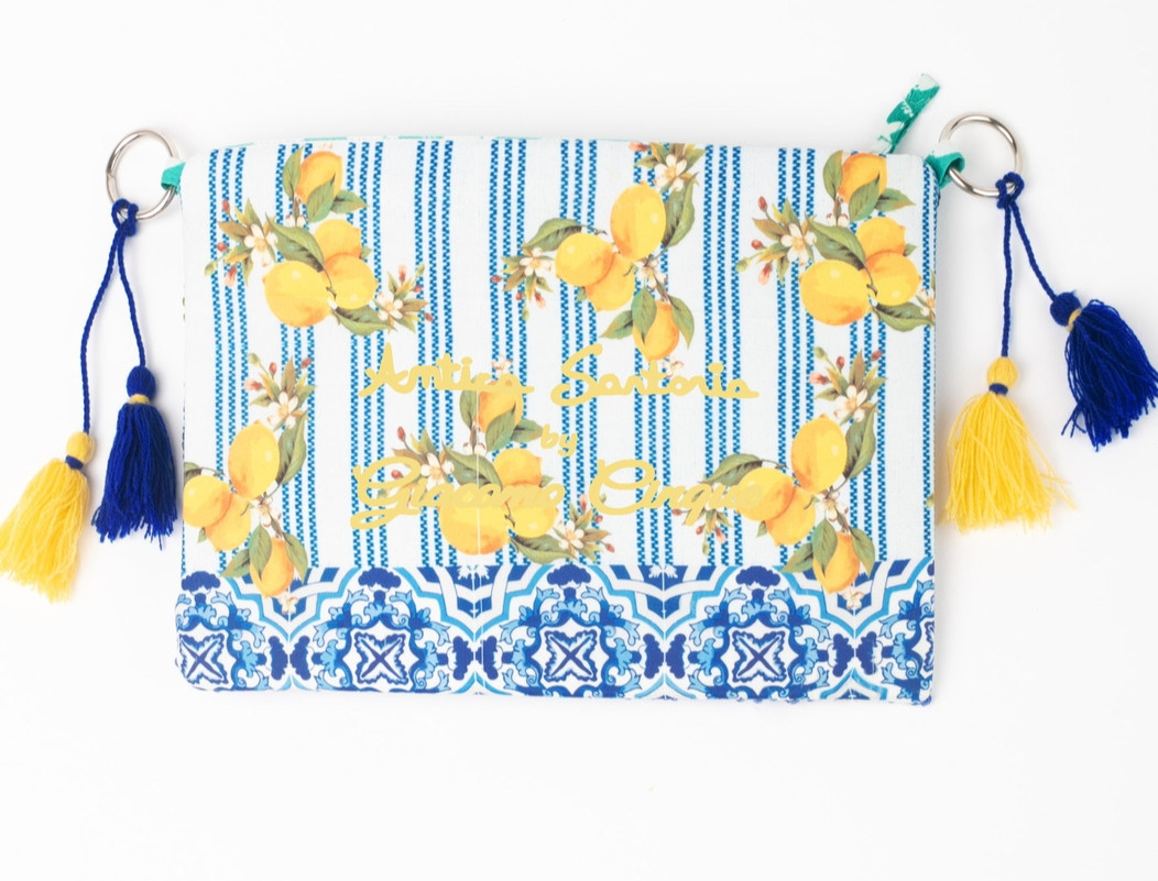 ANTICA SARTORIA 2025 BLUE & WHITE STRIPES WITH LEMONS SEQUINS PURSE NWT