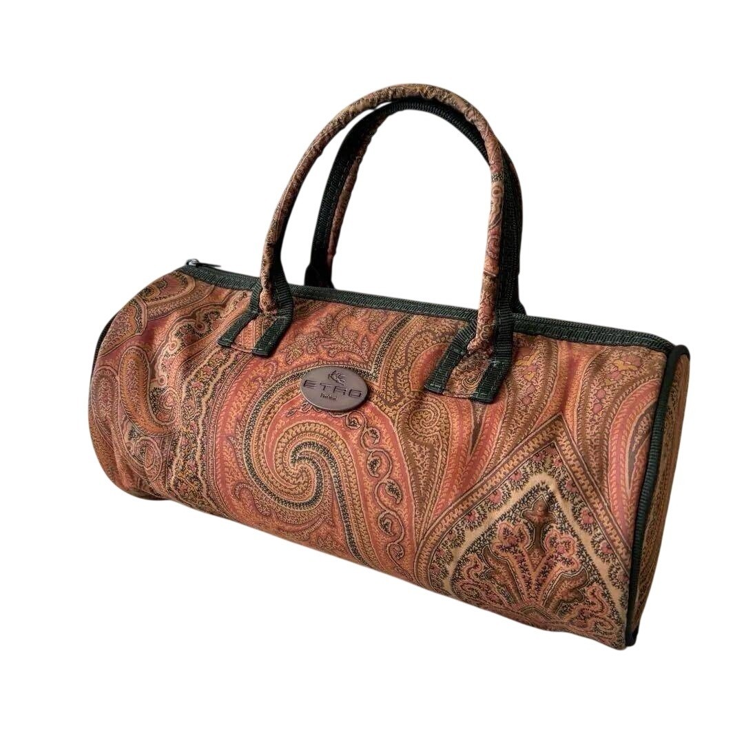 Etro Profumi Vintage Paisley Barrel Bag Orange Brown Canvas Cylinder Handbag