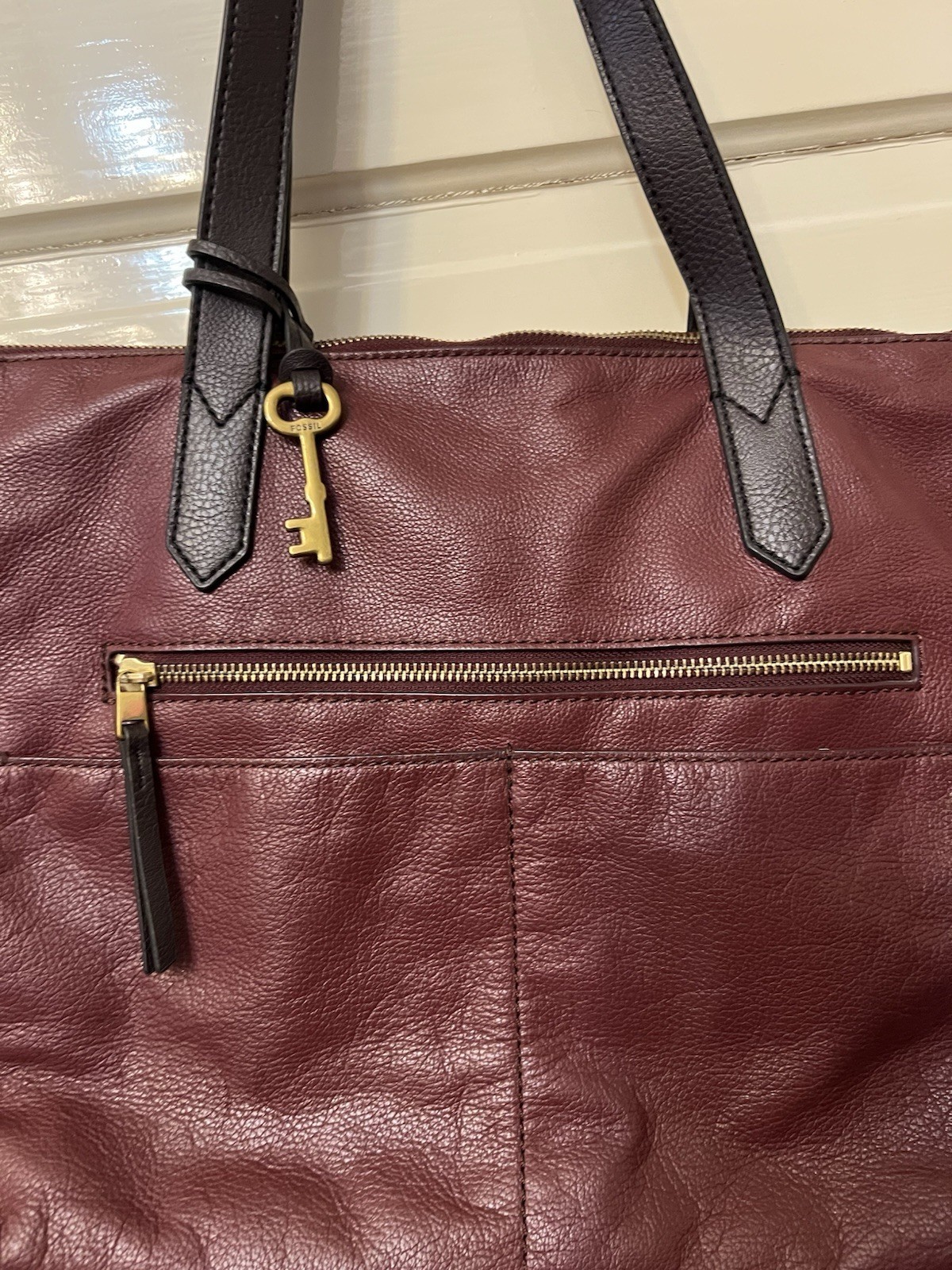 Fossil Maroon Wine Fiona Leather Tote Shoulder Bag Double Handles Zip Purse