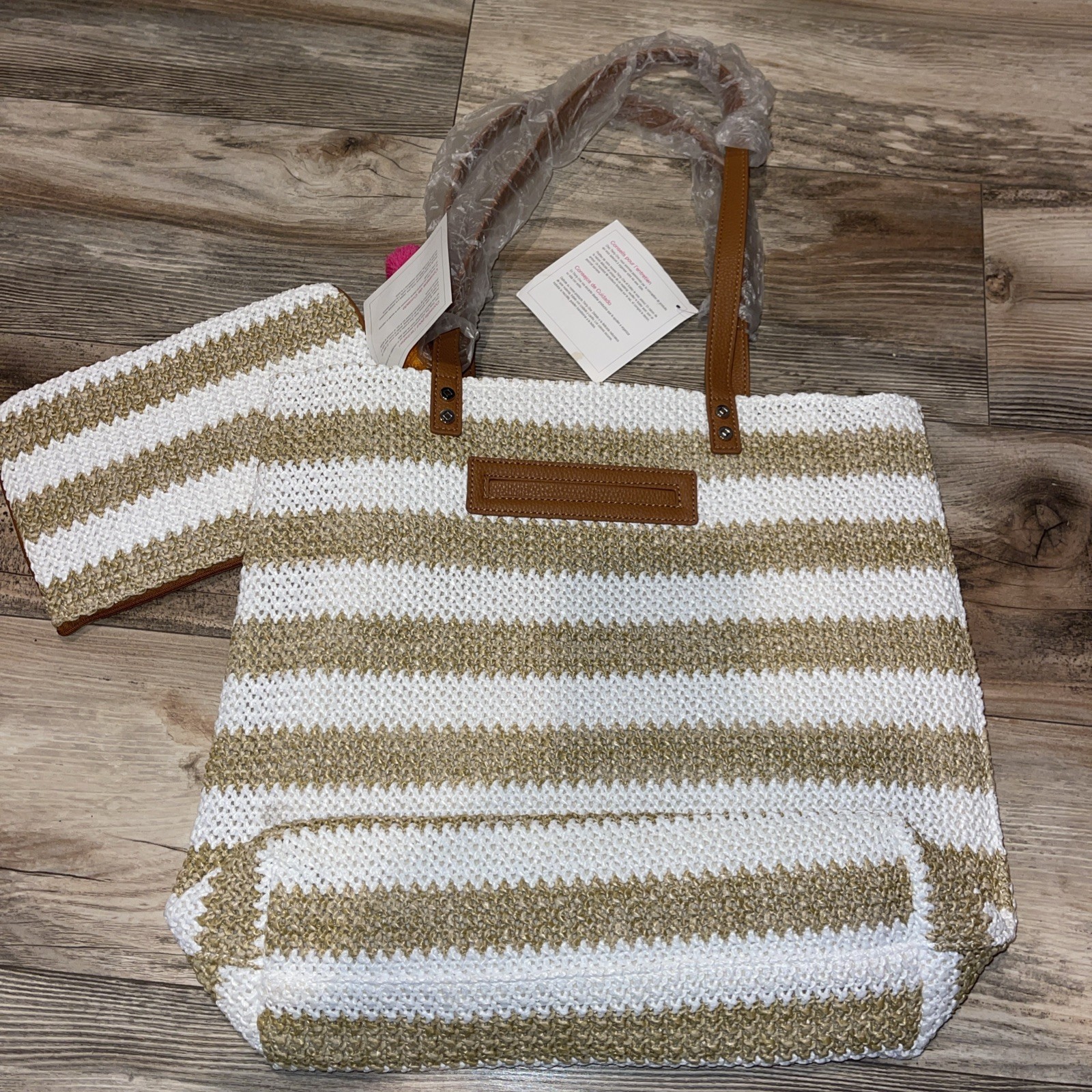 Thirty One 31 Around Town Tote White Tan Striped Straw New Ruby Mini Pouch NWT