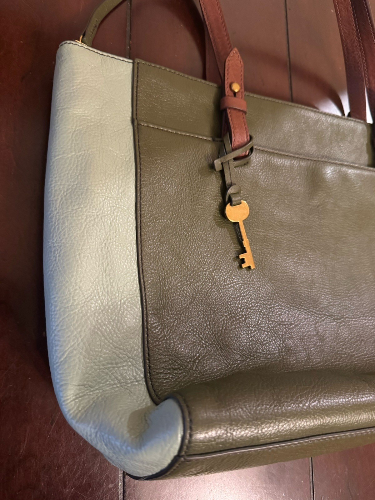 FOSSIL Eco Leather Rachel Tri-Toned Sage Green Shoulder Carry Tote Handbag
