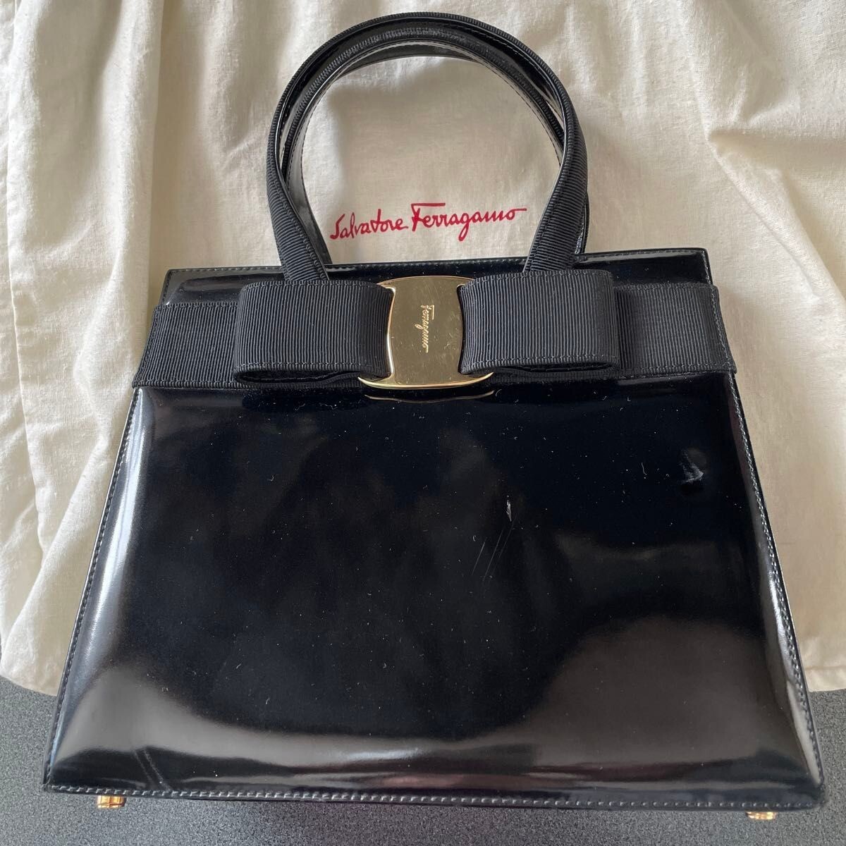 Salvatore Ferragamo Vara Bow Black Patent Leather Handbag Gold Hardware Bag