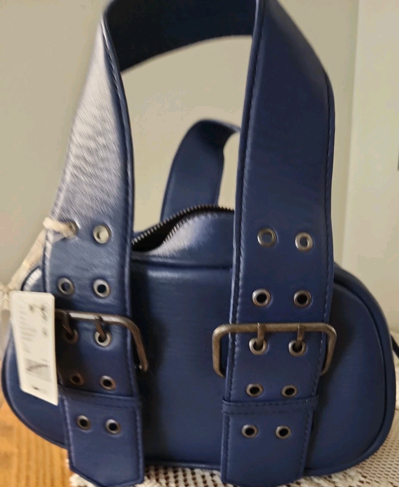Free People Say Yes Bag Tote Handbag Small Oval Royal Blue Leather Buckle Zipper