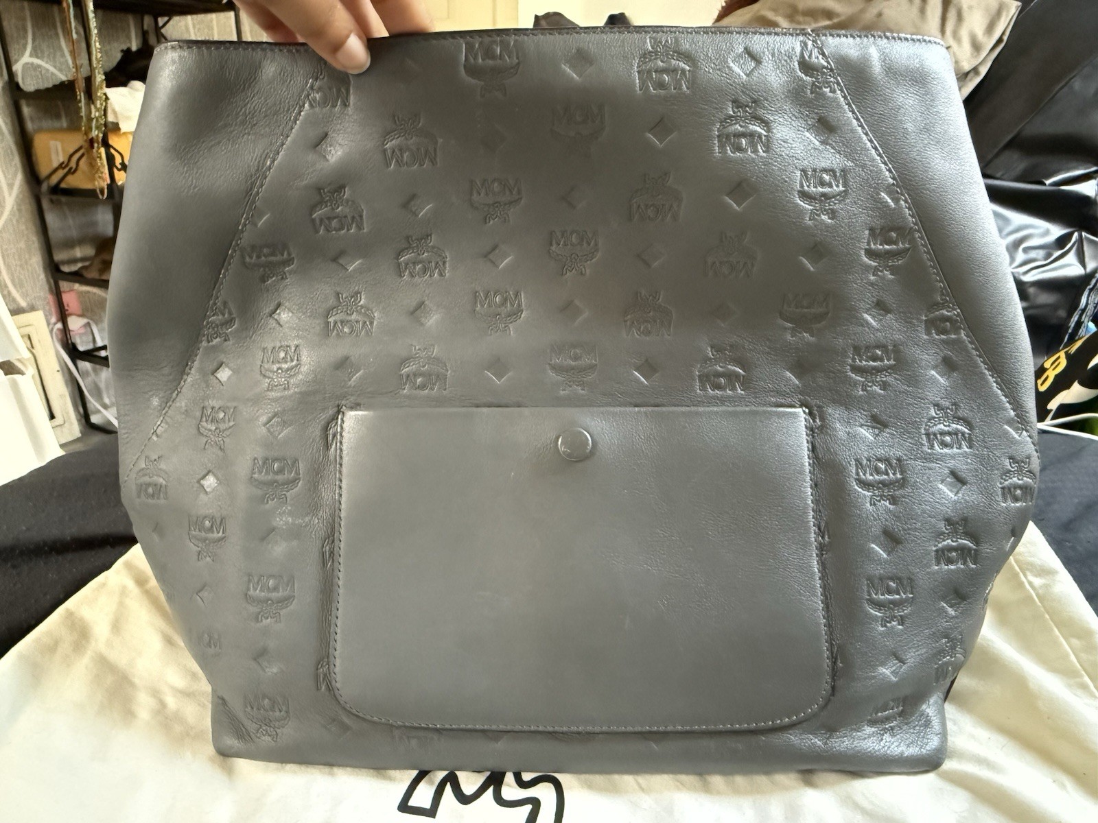 MCM Gray Logo Embossed Shoulder Bag Zip Closure Inner Pockets w/ Dust Bag