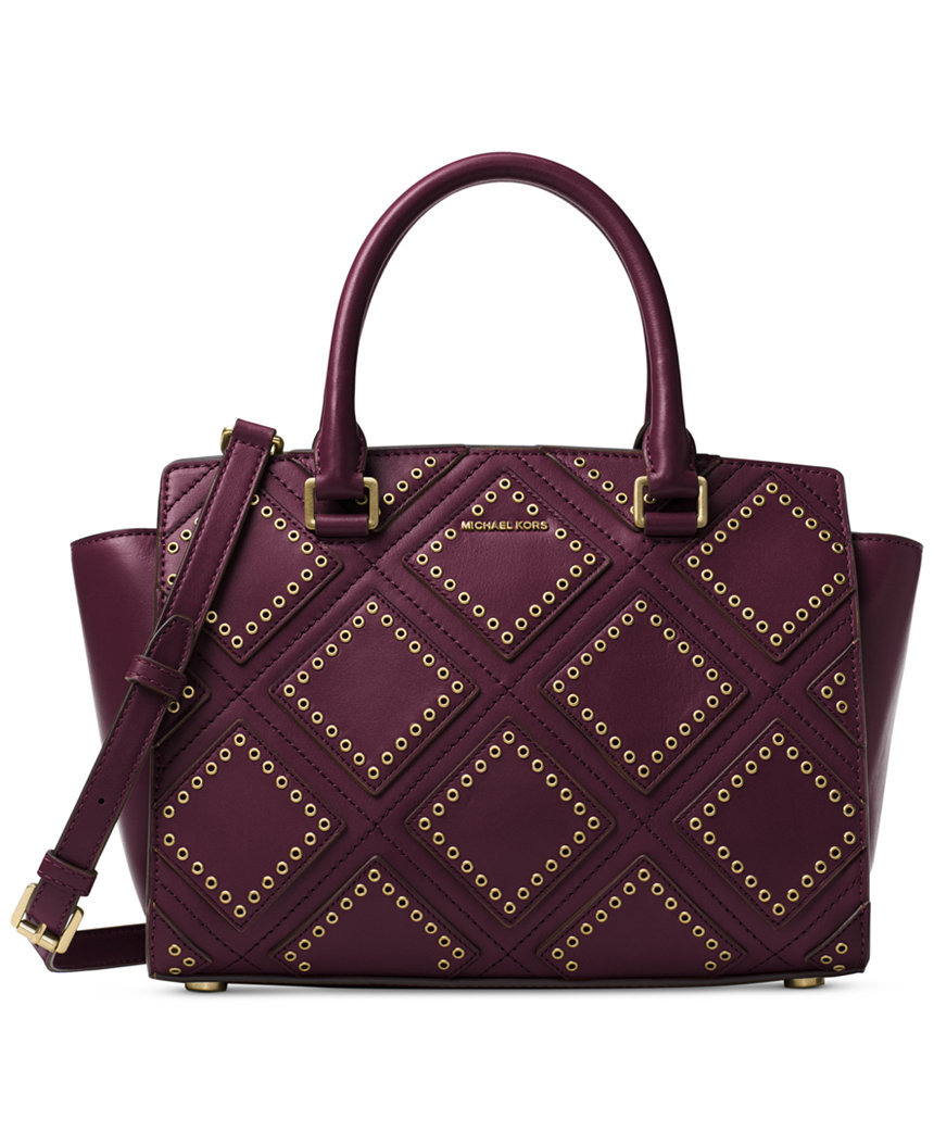 NWT Michael Kors Diamond Grommet Selma Medium Top Zip Satchel Plum $498
