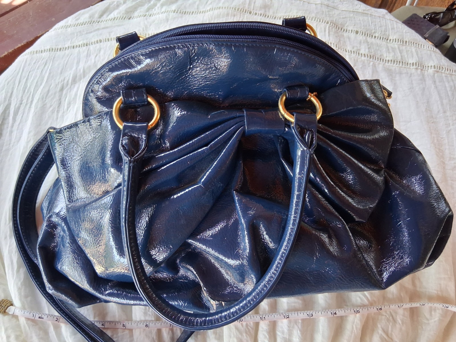 Buddha Boutique Navy Blue Patent Faux Leather Bow Satchel Shoulder Crossbody Bag