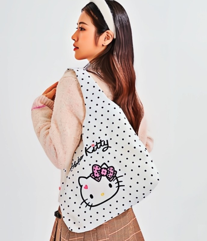 Sanrio Hello Kitty Polka Dot Tote Bag Authentic Embroidered Face Shoulder Bag