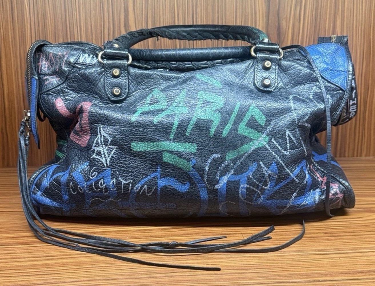 Balenciaga Black Graffiti Satchel Top Handle, Medium, Detachable Strap, Brass