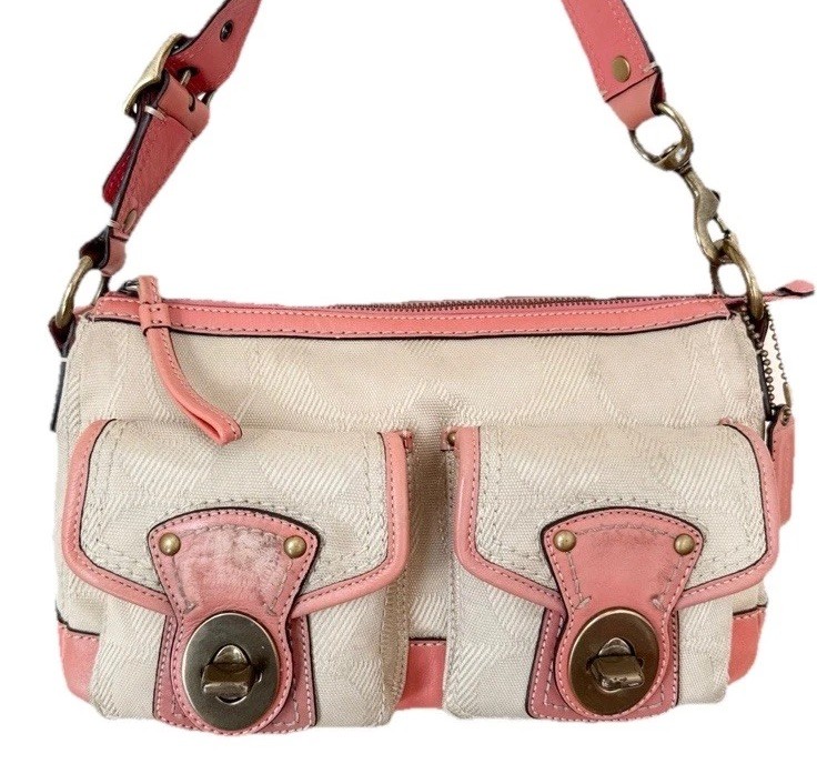 Coach Legacy Double Turn Lock Signature Beige Canvas Coral/Pink Purse # F13102