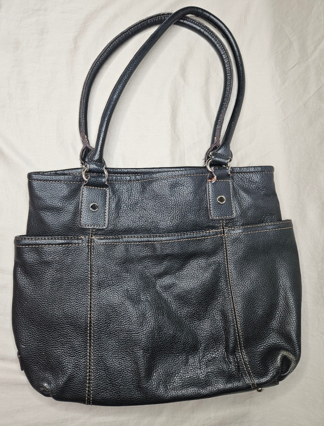 Tignanello Handbag Tote Satchel Black Leather Double Strap Handle Organizer