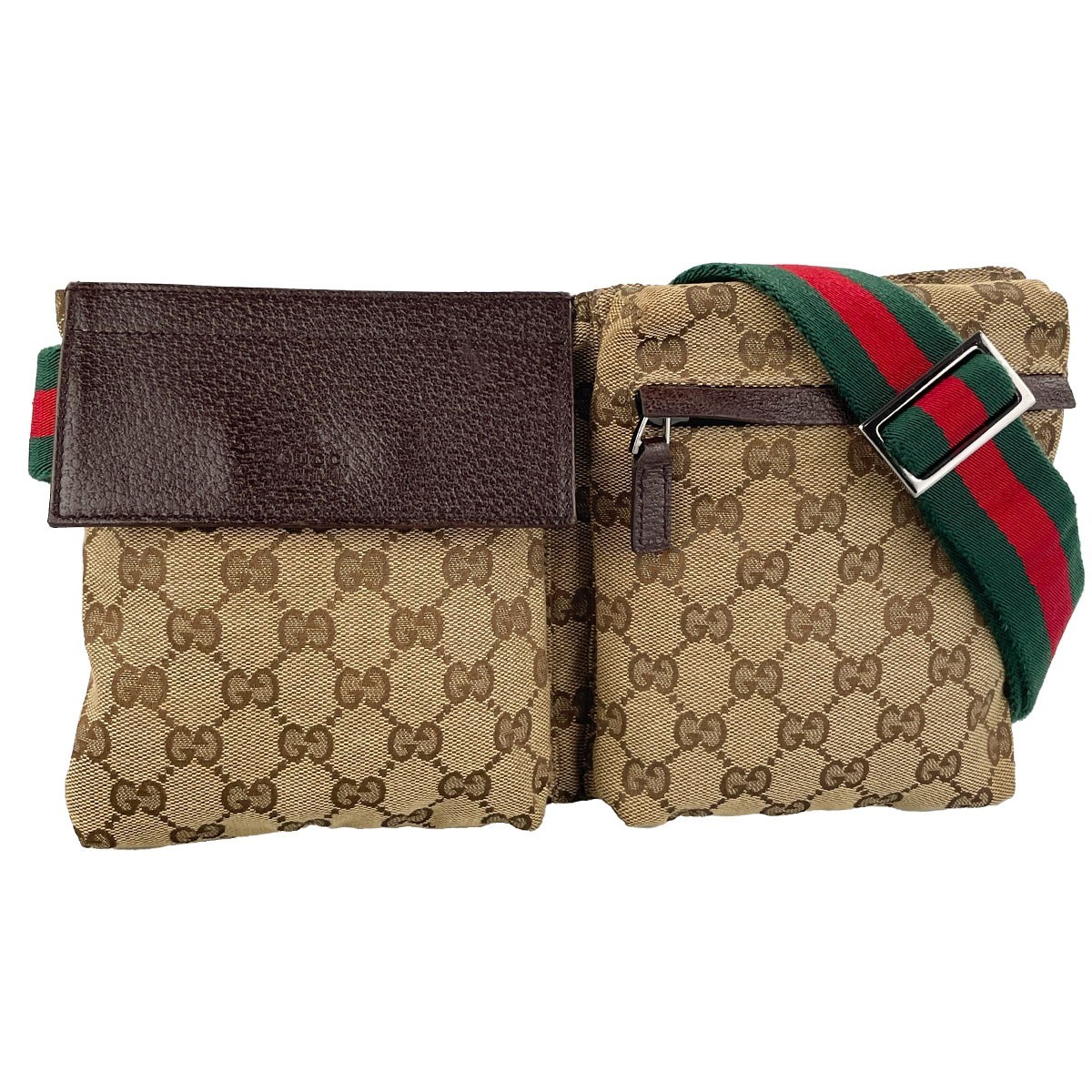 GUCCI GG Canvas Sherry Line Canvas Fabric Leather Beige Brown Waist bag 4669