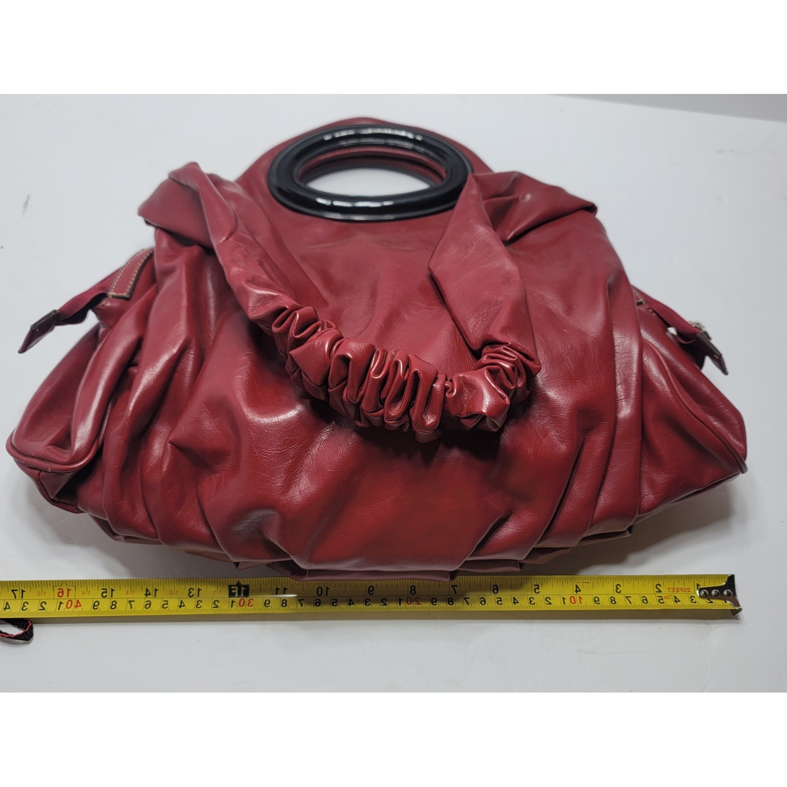 Red Ruched Scrunchie Strap Vintage Type Hobo Bag Resin Circle Handle Side Pocket