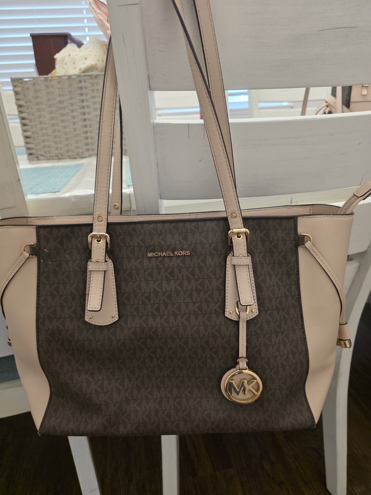 Michael Kors MK Monogram Tote Bag Zip Closure Brown/Beige Gold Hardware