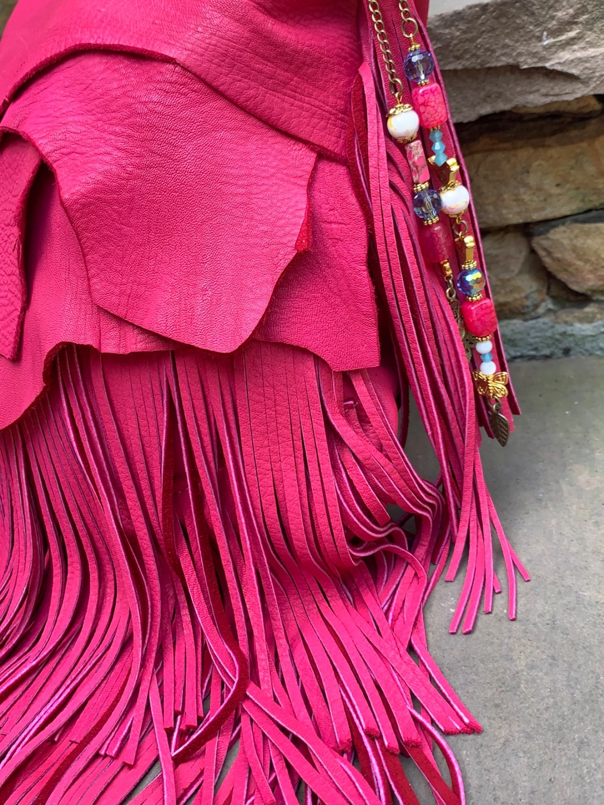 Soft HOT PINK Deerskin, beads, BOHO long fringe crossbody bag USA!