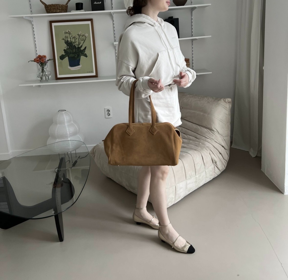 Genuine Cowhide Suede Leather Camel Shoulder Bag Minimal Classic 33cm