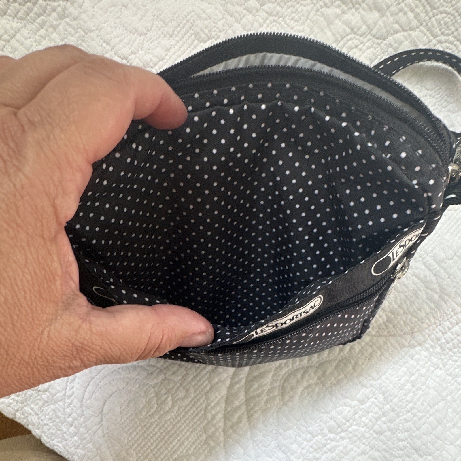 LeSportSac Black & White Polka Dot Zip Crossbody Bag Adjustable Strap Silver