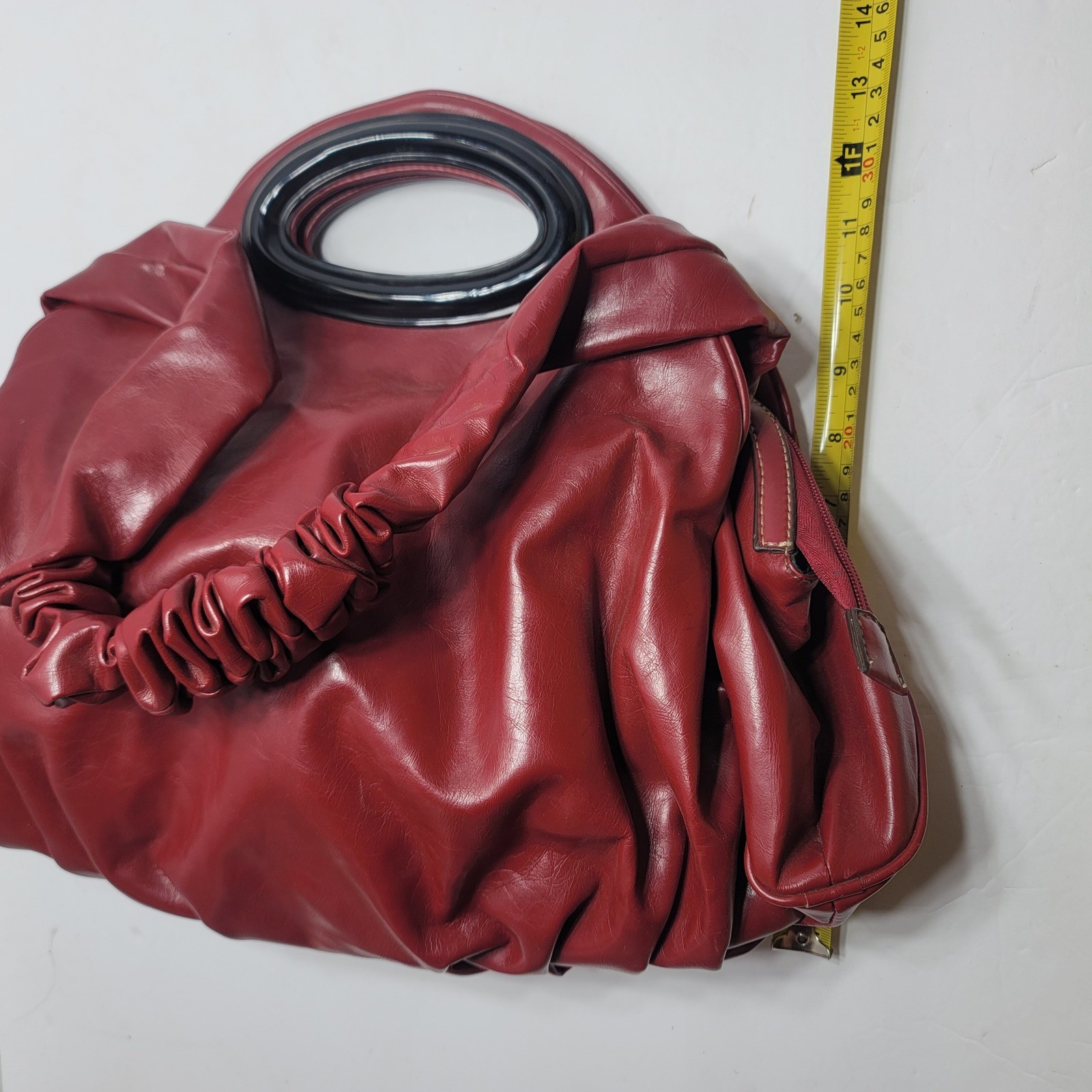 Red Ruched Scrunchie Strap Vintage Type Hobo Bag Resin Circle Handle Side Pocket