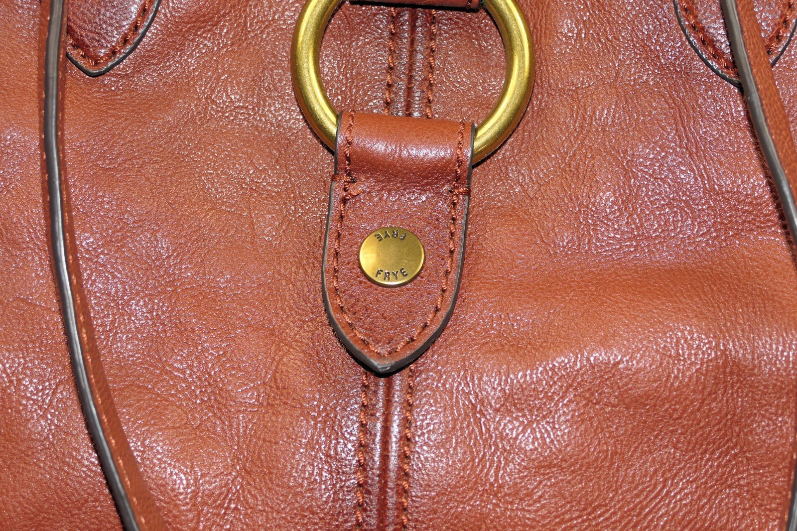 FRYE COGNAC LEATHER DUAL-HANDLE MAGNETIC-CLOSURE FABRIC LINED BRASS~TRIM BAG
