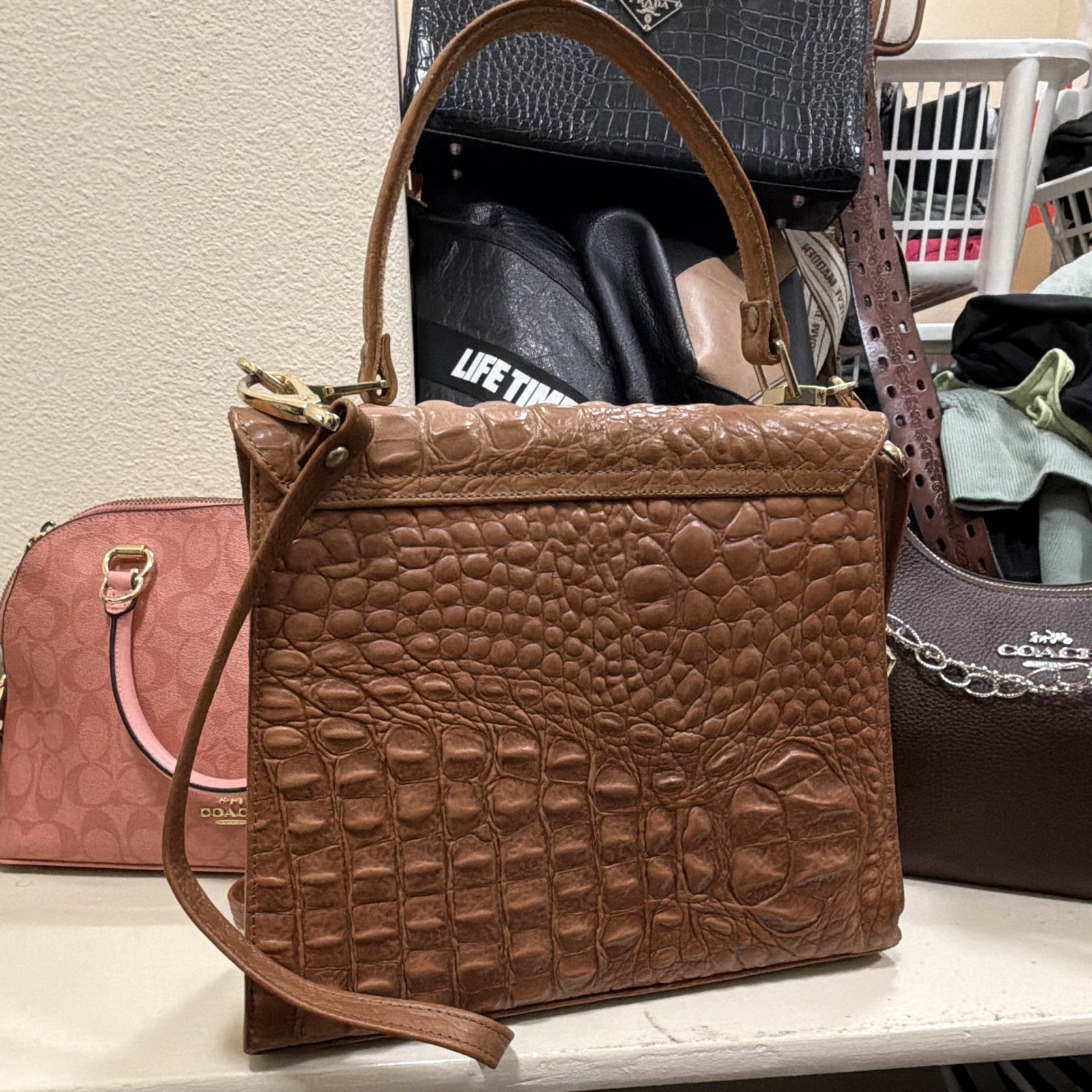 BRAHMIN Brown Croc Embossed Satchel Turn Lock Top Handle, Detachable Strap
