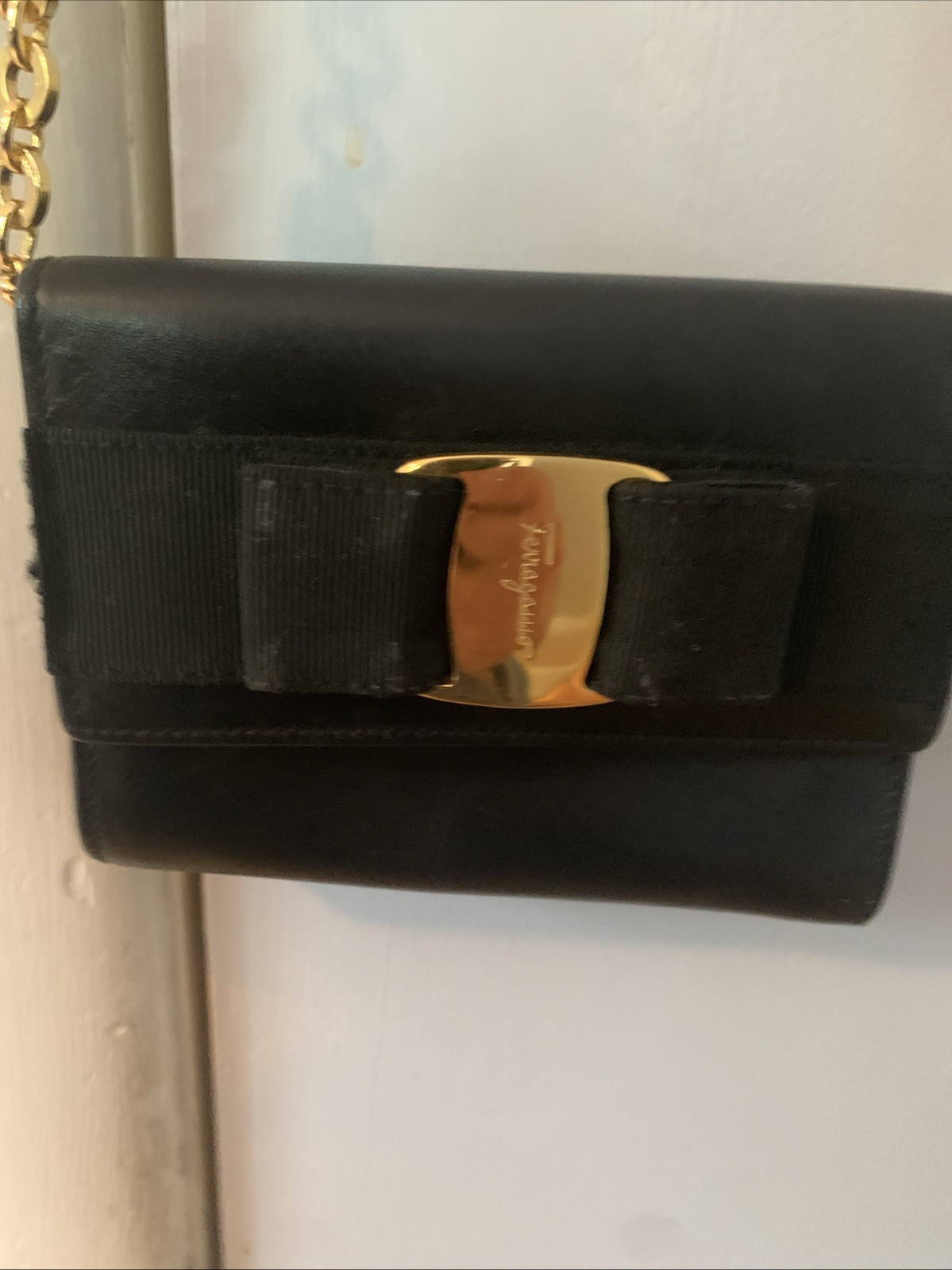 Vintage Ferragamo Vara Bow Black Leather Shoulder Bag/ Handbag Gold Hardware