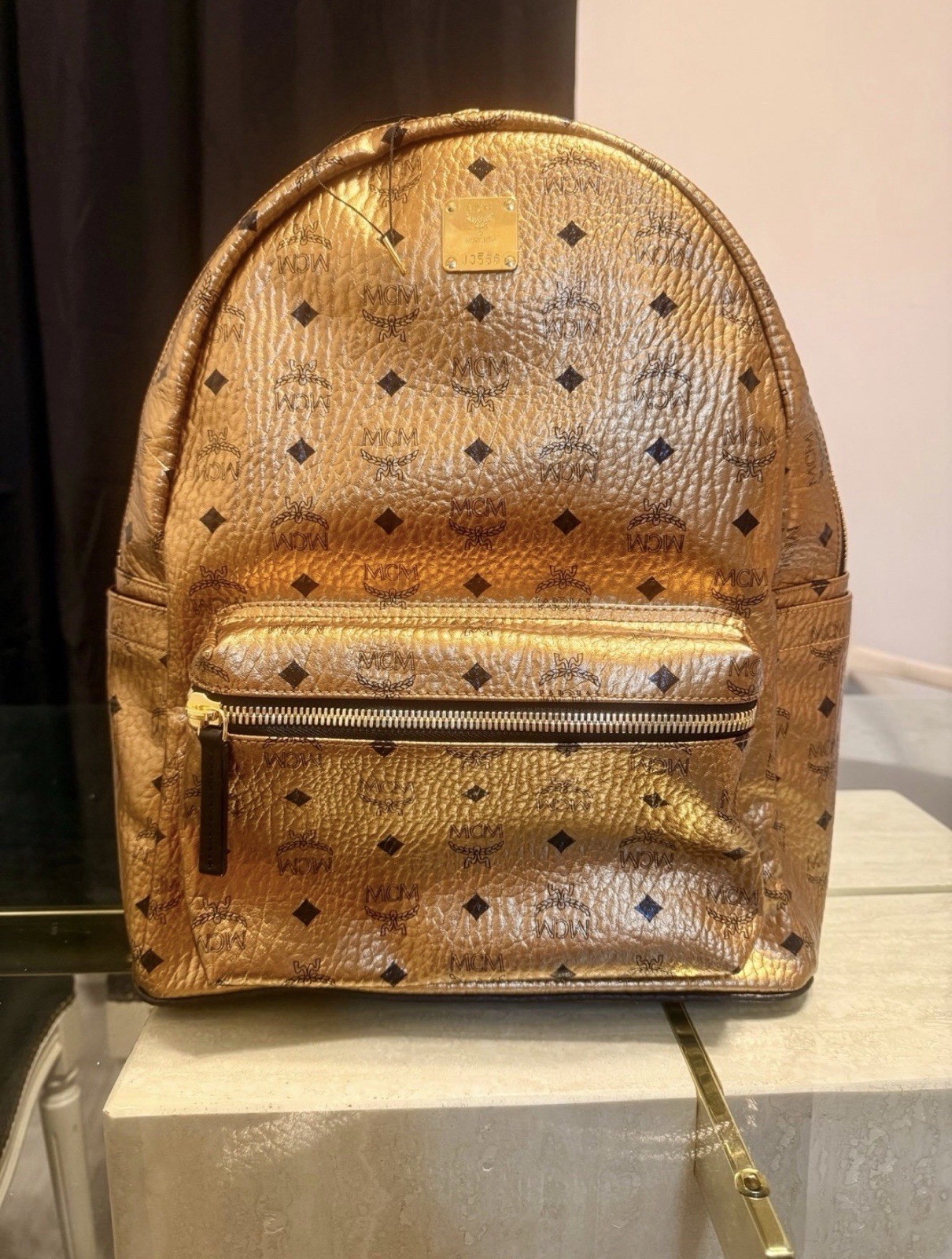 MCM Gold Metallic Visetos Monogram Full Size Backpack Zip Front Pocket Dust Bag