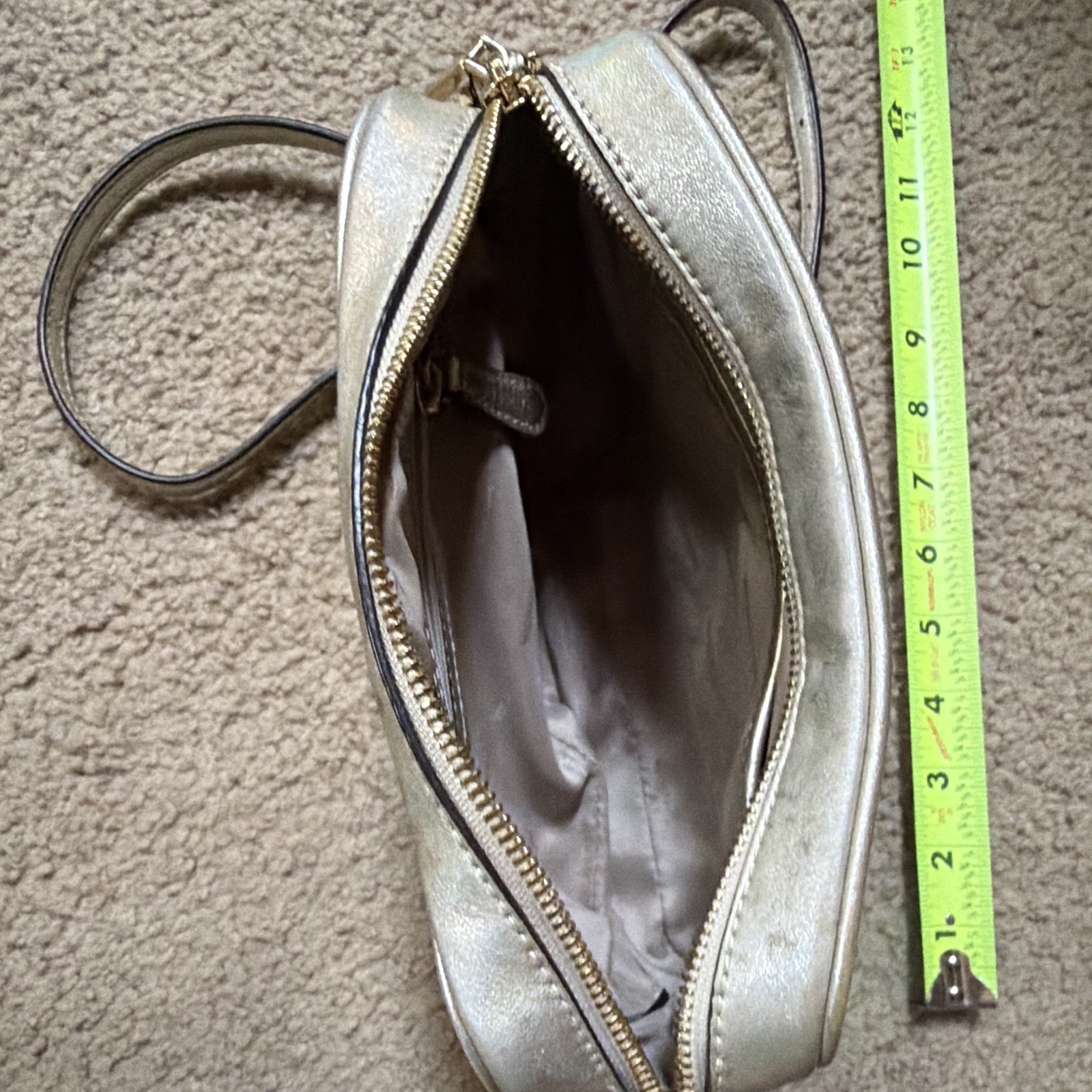 Michael Kors Metallic Silver Crossbody Zip Tassel Gold Hardware Inner Pockets