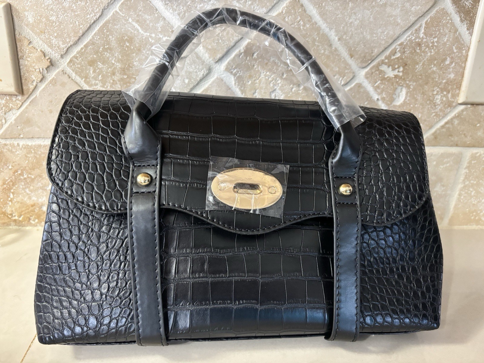 Harper & Hyde Croc-Embossed Vegan Leather Satchel Handbag Gold Hardware New