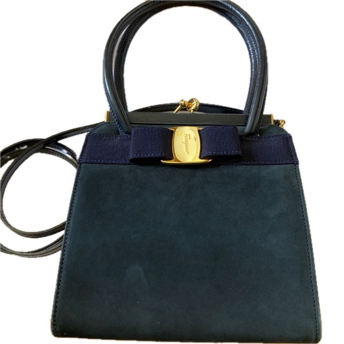 Salvatore Ferragamo Vara Ribbon Green Handbag Black Handle Gold Hardware Formal
