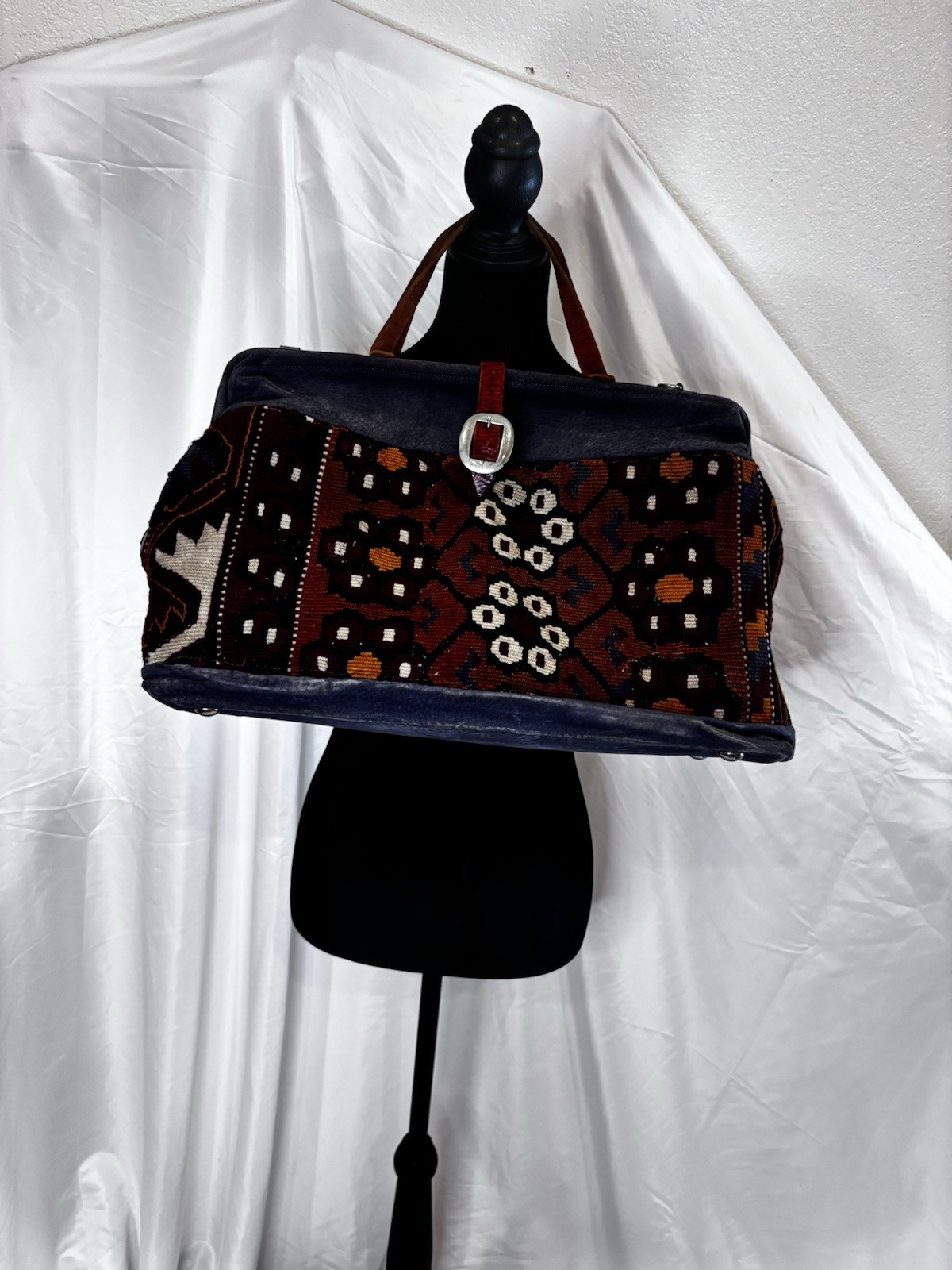 Vintage Handmade Kilim Carpet Suede Leather Doctor Bag Weekender Duffle Boho