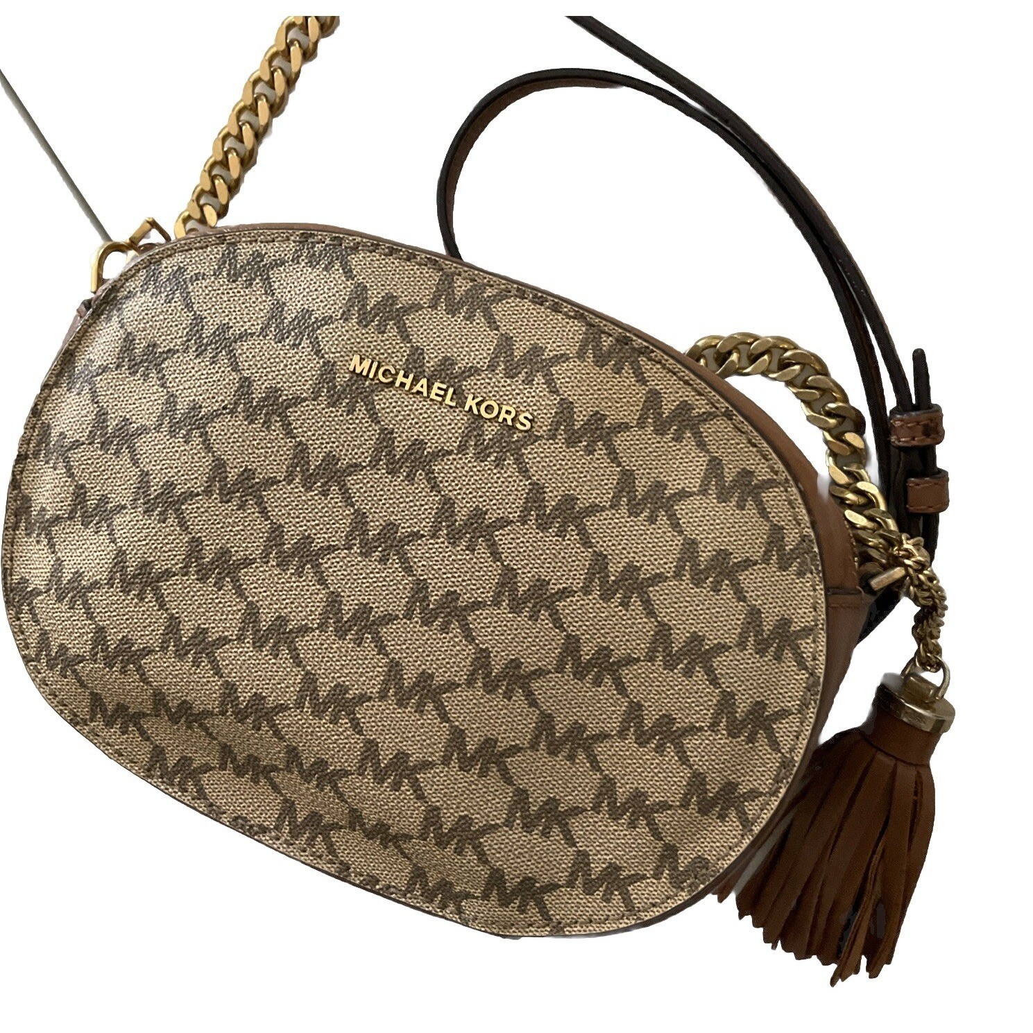 Michael Kors Crossbody Shoulder Bag Beige Brown PVC Coated Canvas Leather