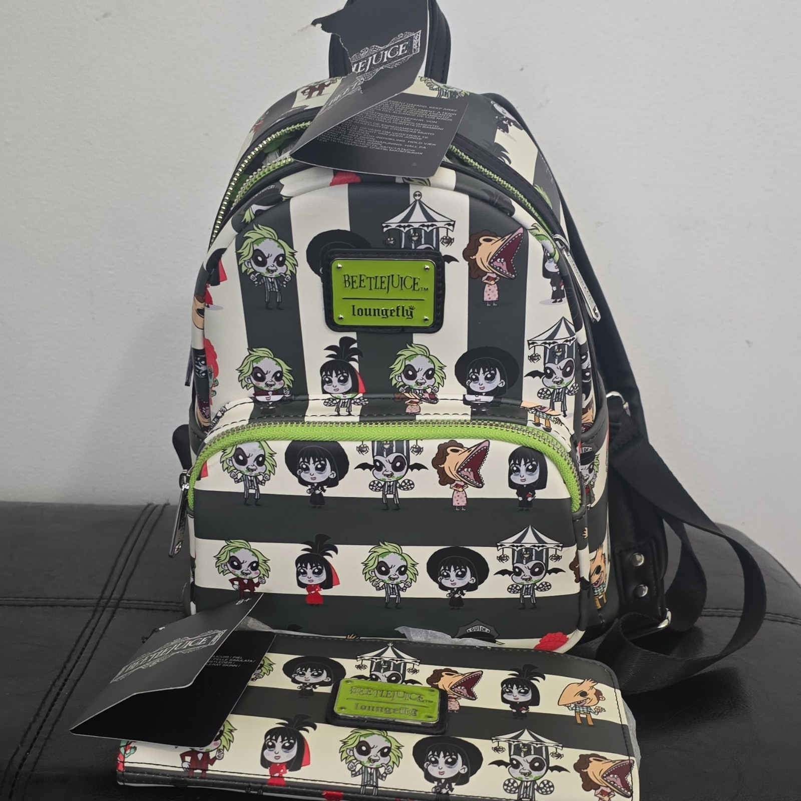 Loungefly Beetlejuice Striped Mini Backpack with Matching Zip Wallet Set