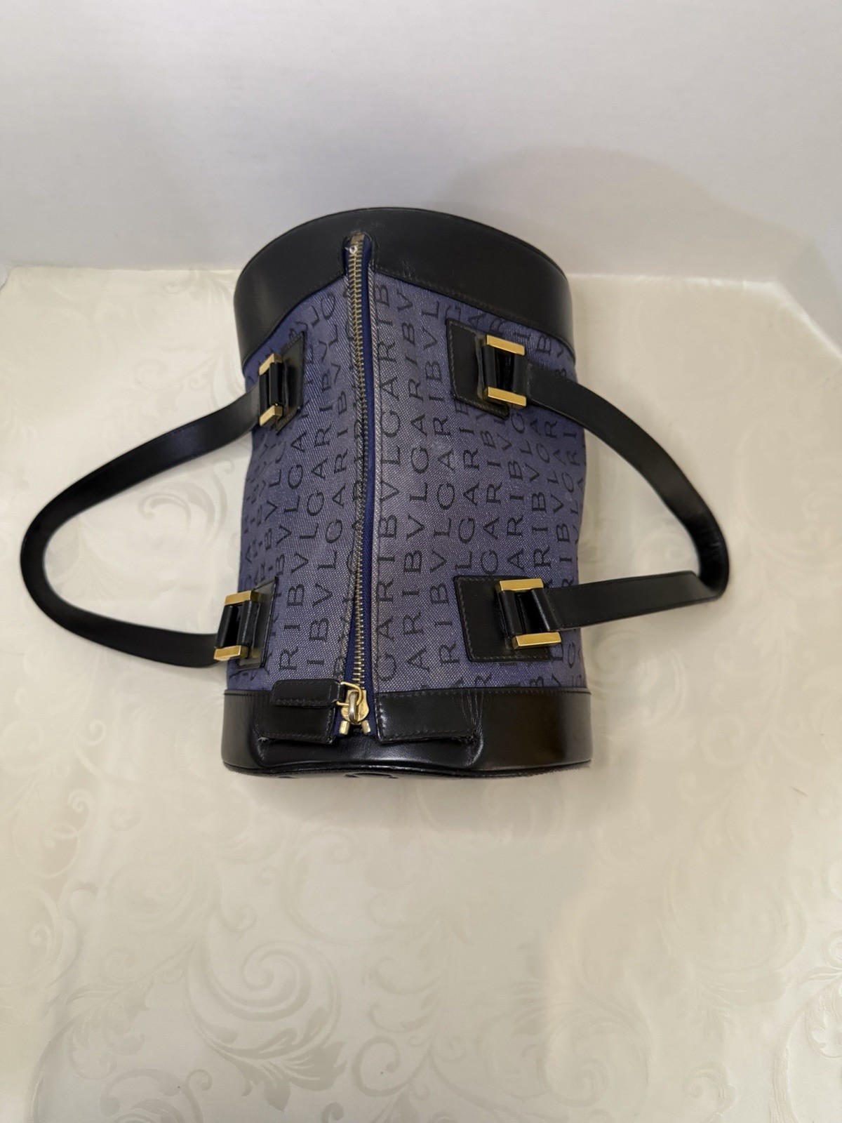 BVLGARI Logo Print Black/Blue Cylinder Top Handle Bag Zip Closure Gold Hardware