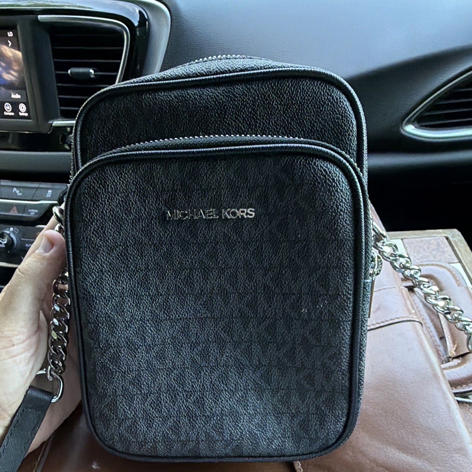 Michael Kors Black Monogram Small Crossbody Bag Zip Closure Chain Strap Silver