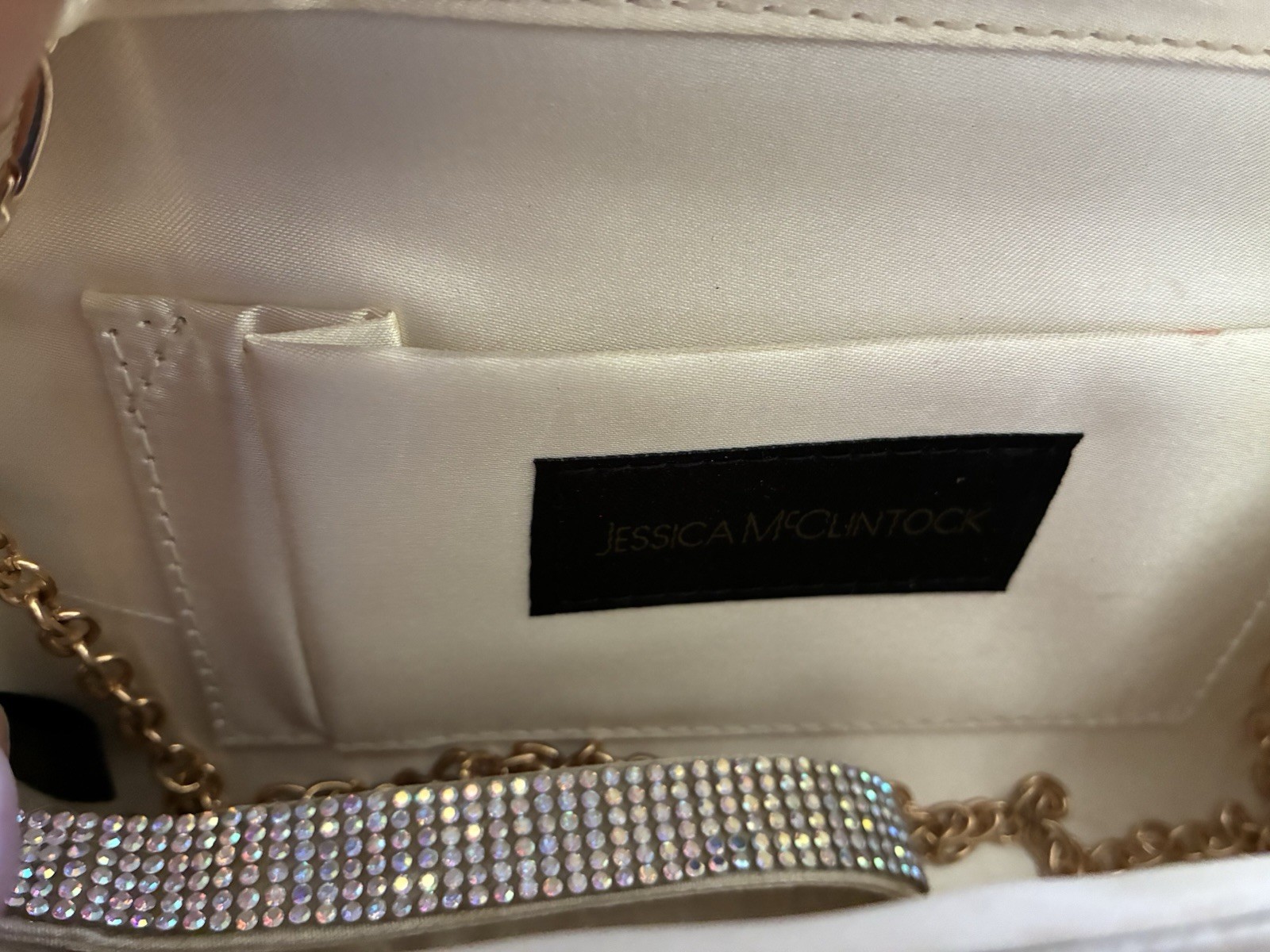 Jessica McClintock Ivory Rhinestone Clutch Detachable Gold Chain Wrist Strap