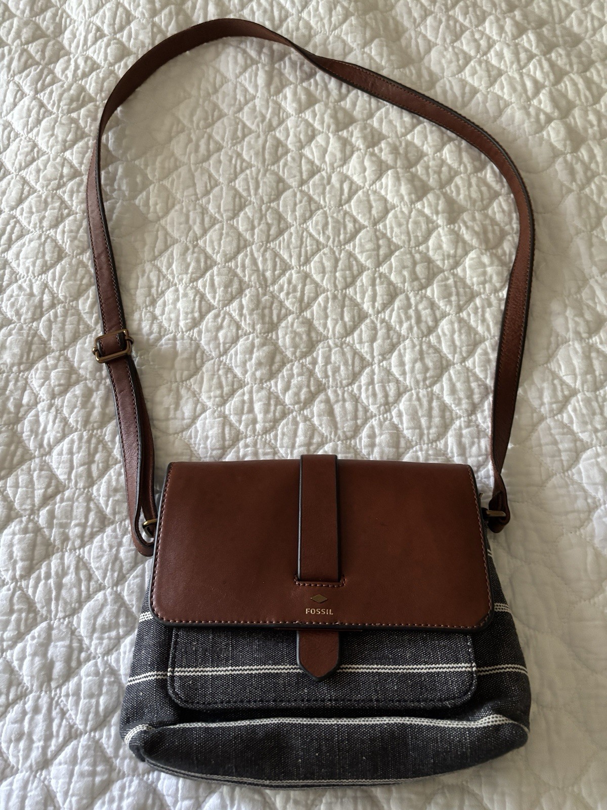 Fossil Kinley Small Crossbody Bag/purse Striped Canvas & Leather