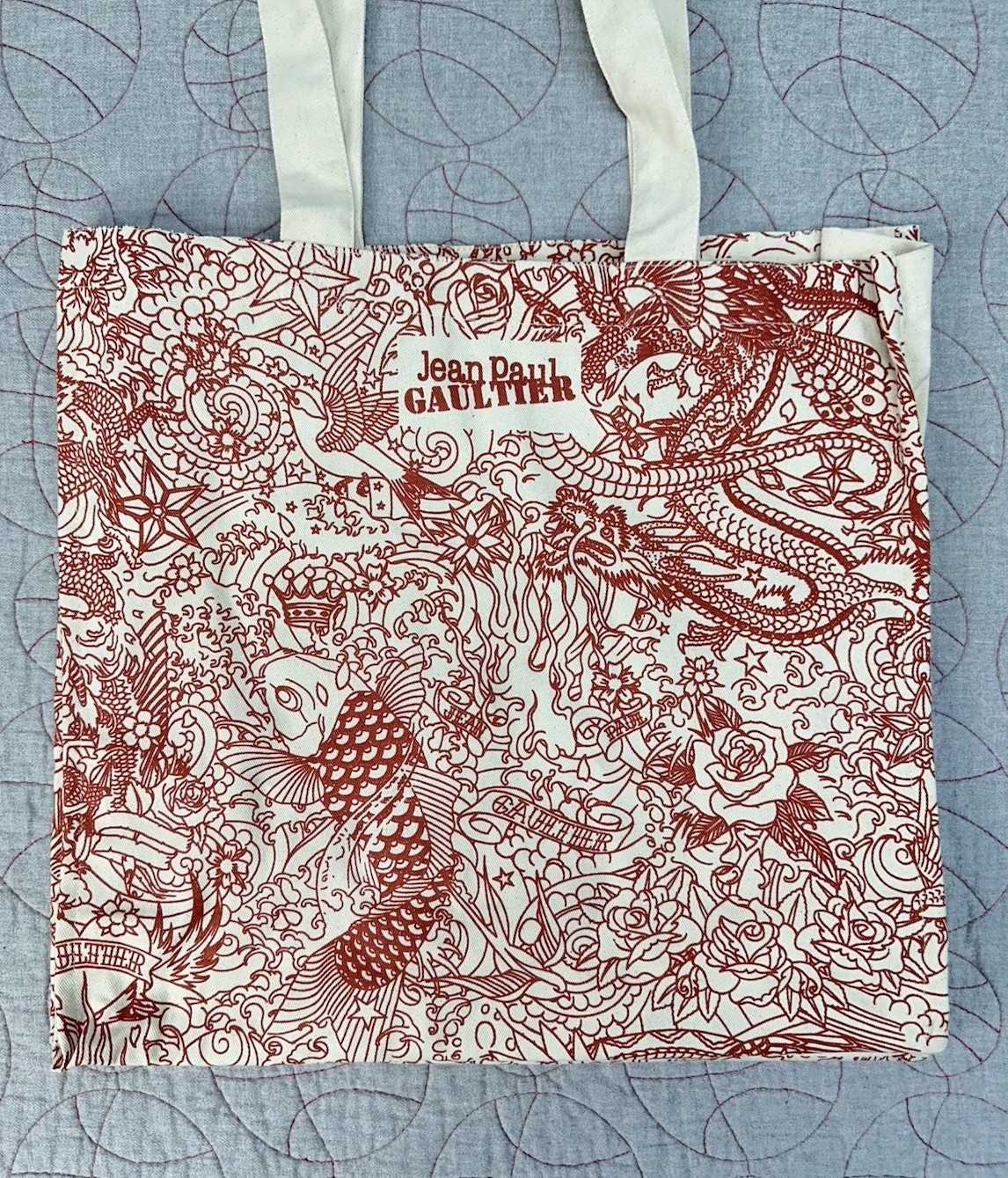 Jean Paul Gaultier JPG Tattoo Tote Bag Fish Dragon Red Beige Canvas Beach Cotton
