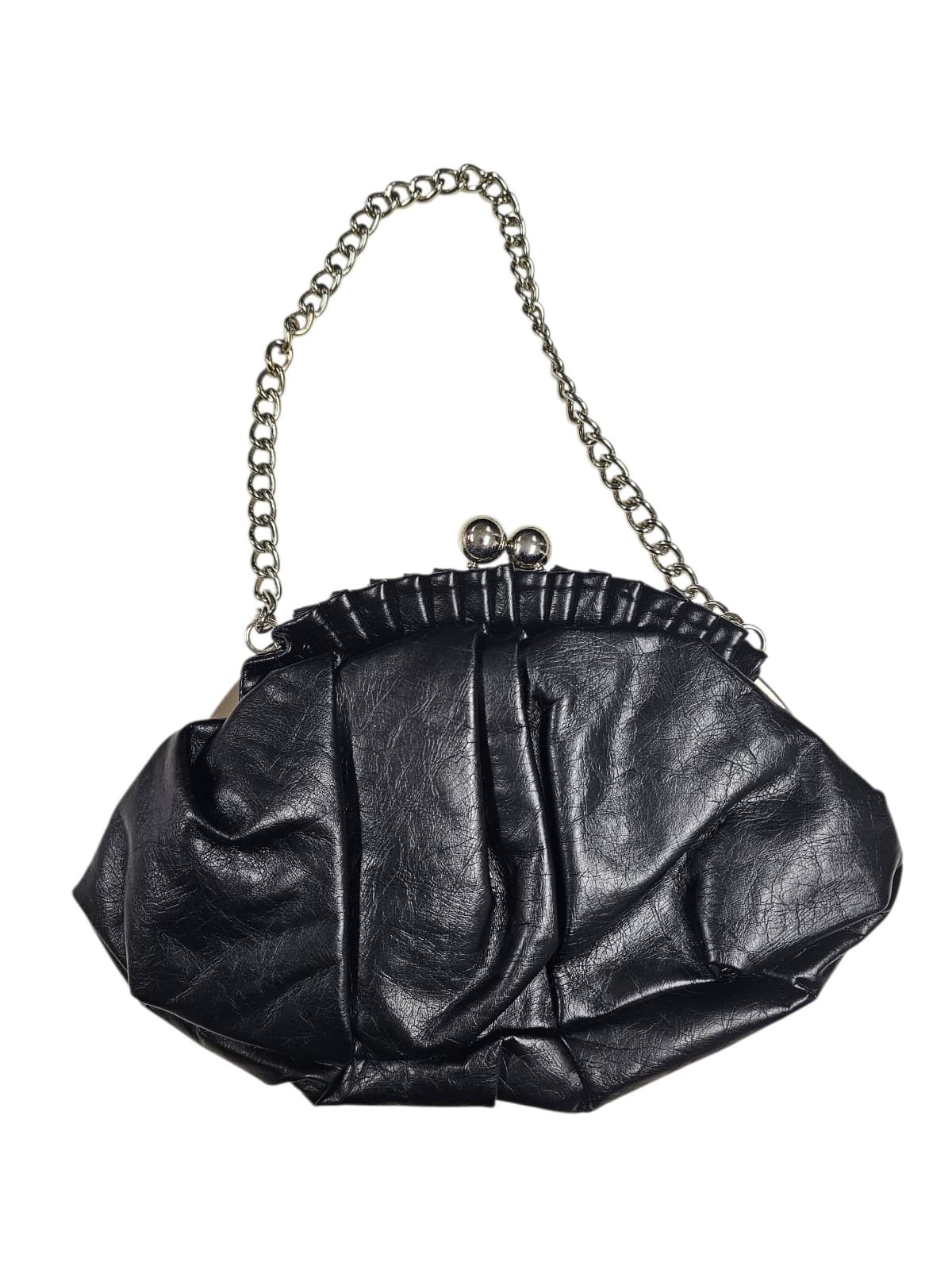 Black pleated faux leather handbag silver metal frame metal and chain