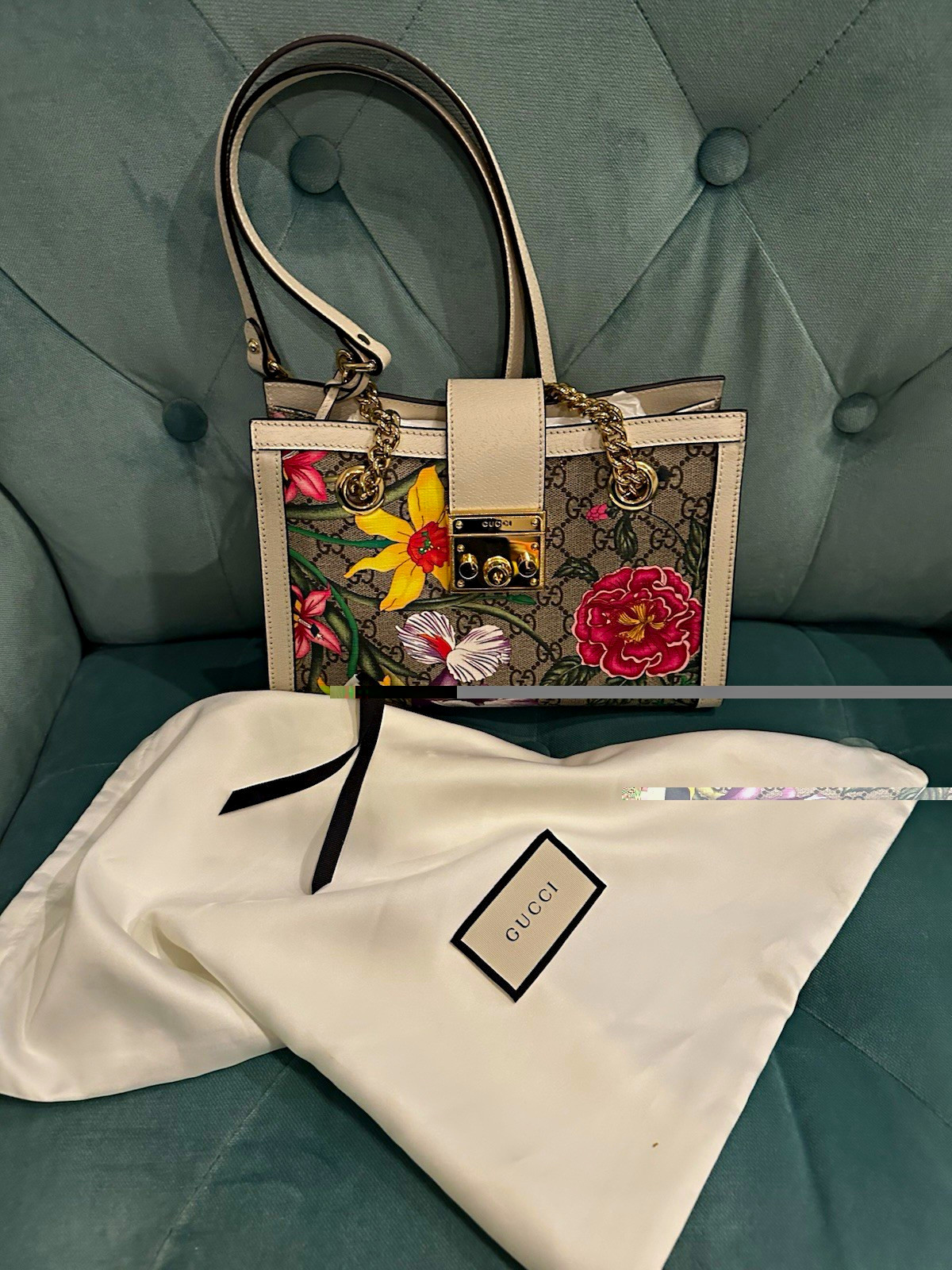 Gucci GG Supreme Blooms Flora Shoulder Bag Chain Strap Turn Lock Dust Bag