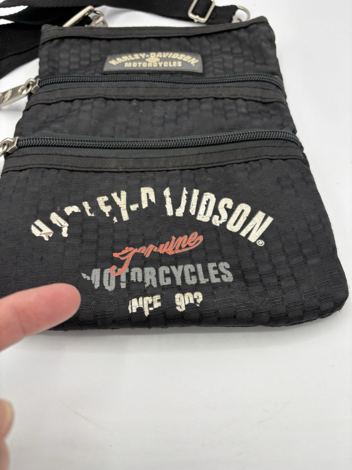 Harley Davidson Crossbody Bag Women Black 3 Zippers Adjustable Strap Logo Purse