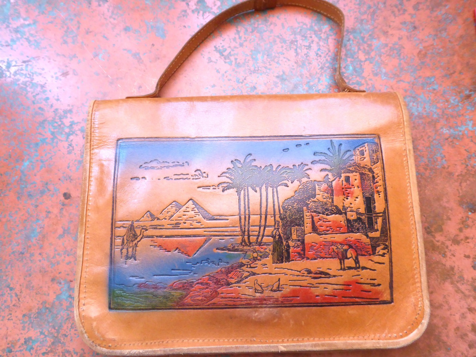 Vintage Egyptian Souvenir Purse Tooled Painted Leather Desert Pyramids