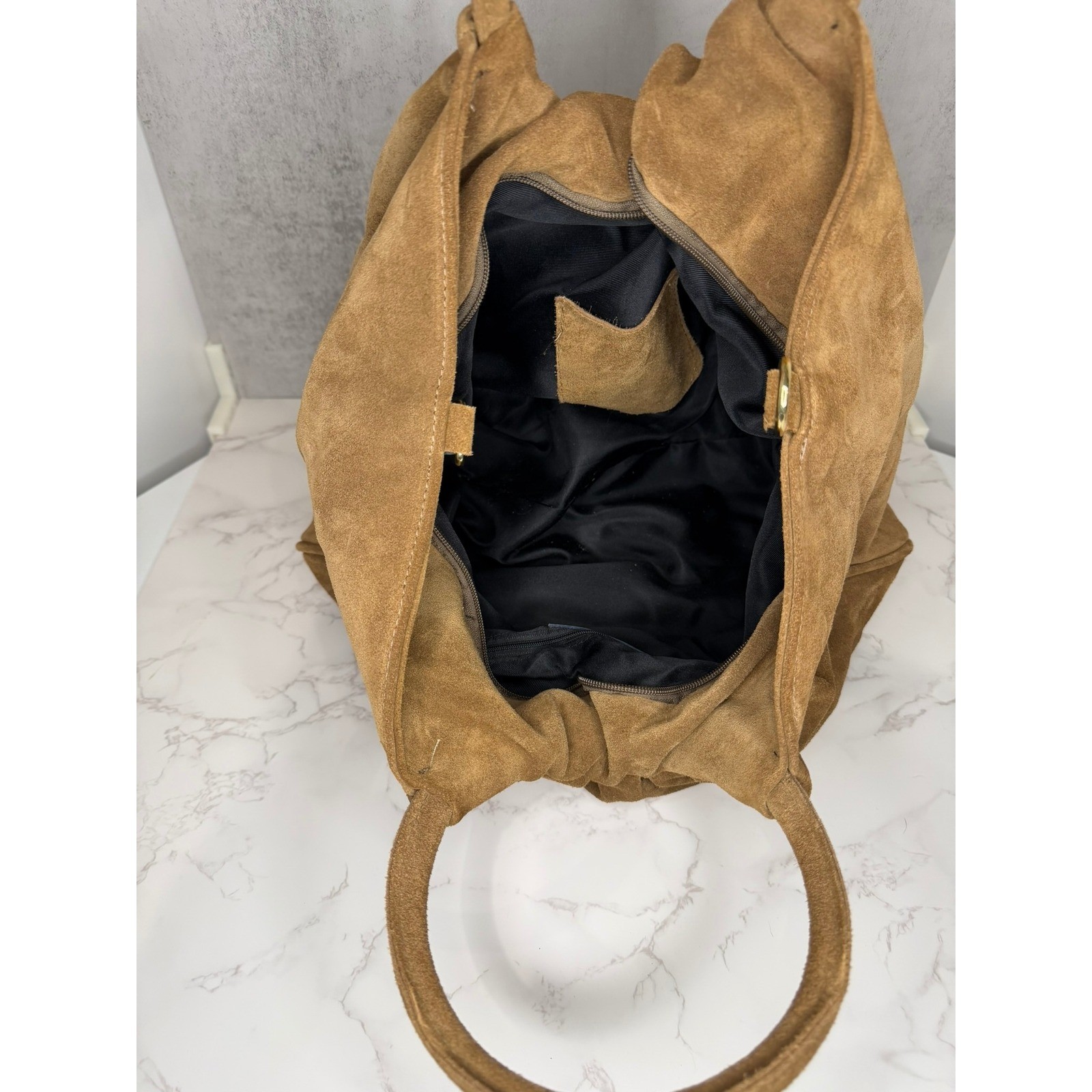 Made in Italy Genuine Suede Leather Tote Bag Brown Slouchy Pleated Handbag Large