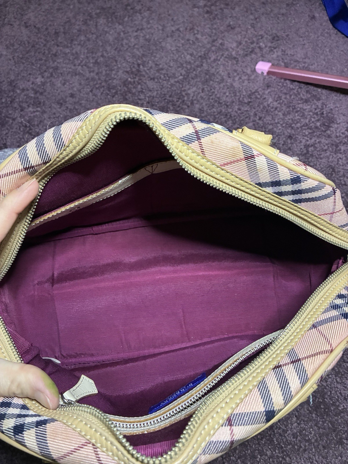 Burberry Blue Label Tote Bag Canvas Pink Nova Check From Japan Boston W COA